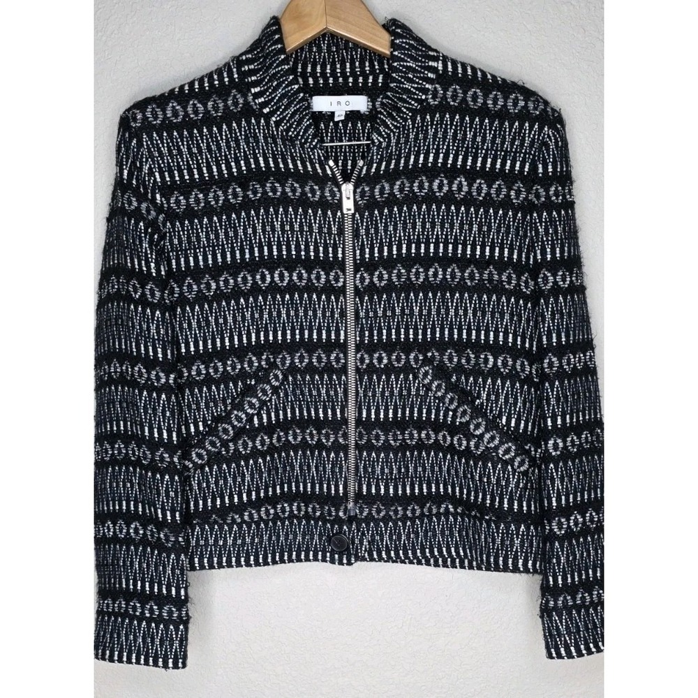 IRO Zalan Structured Tweed Moto Jacket Black Zip Front Sz 40 Career Blazer Coat